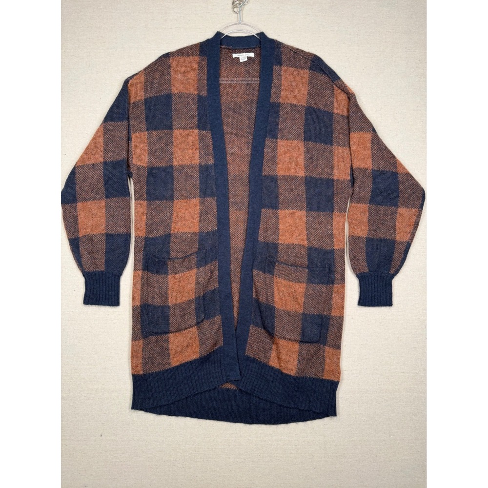 American Eagle Buffalo Plaid Longline Cardigan Navy Orange Wool Blend XS